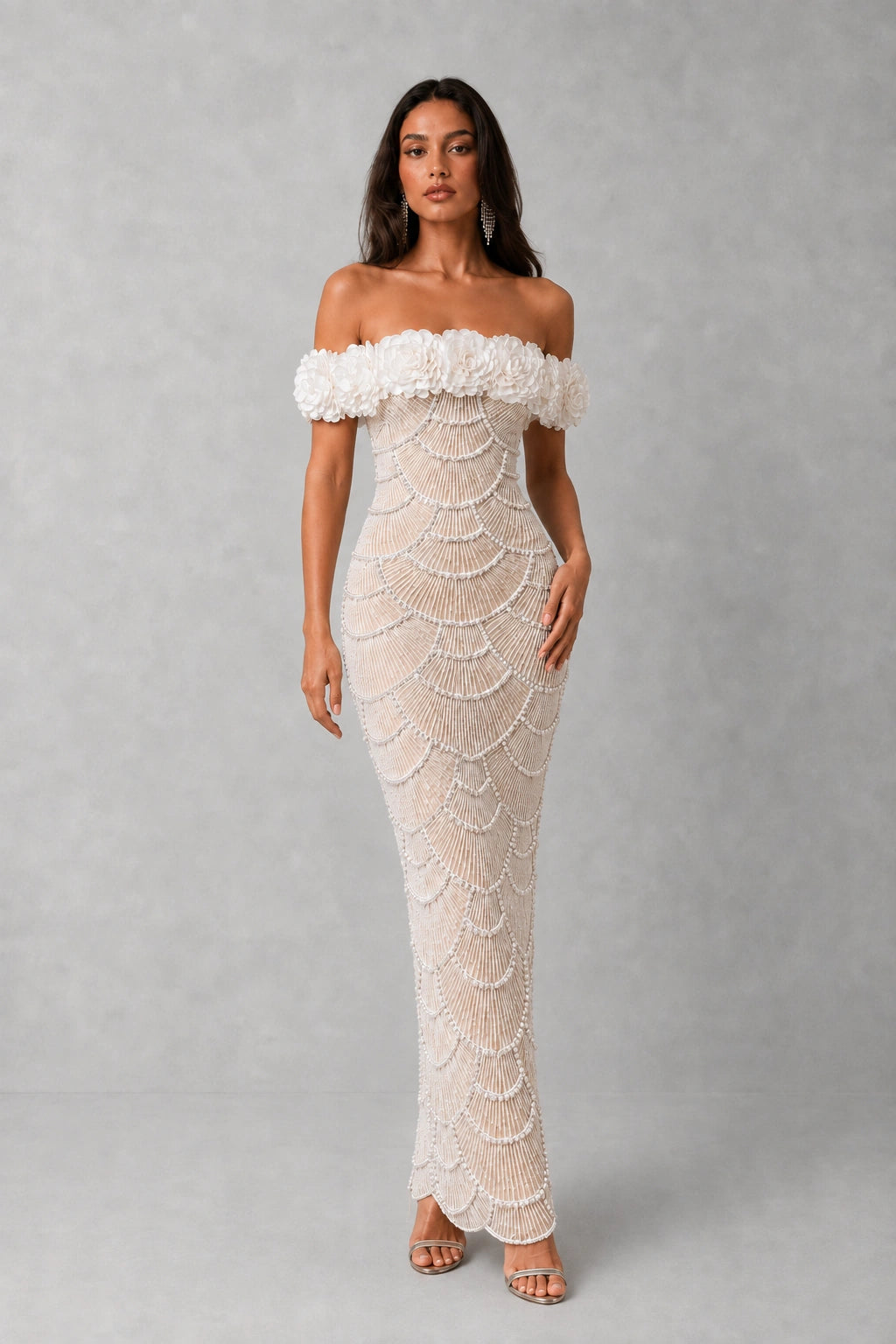 Fleur Pearl Beaded Off-Shoulder Gown — Champagne Nude
