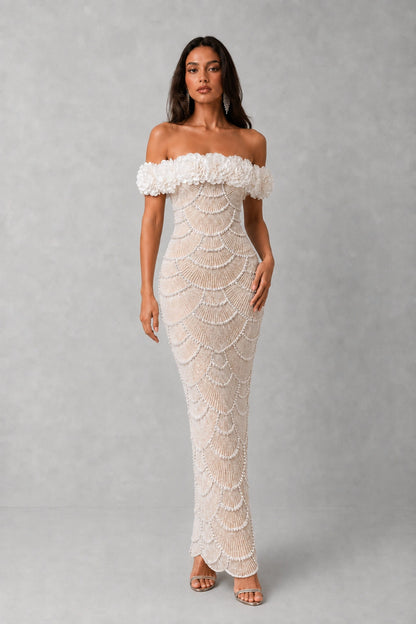 Fleur Pearl Beaded Off-Shoulder Gown — Champagne Nude