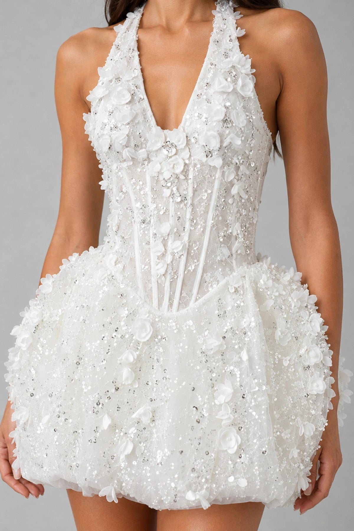 Celestia Pearl Bloom Mini Dress — Pearl White