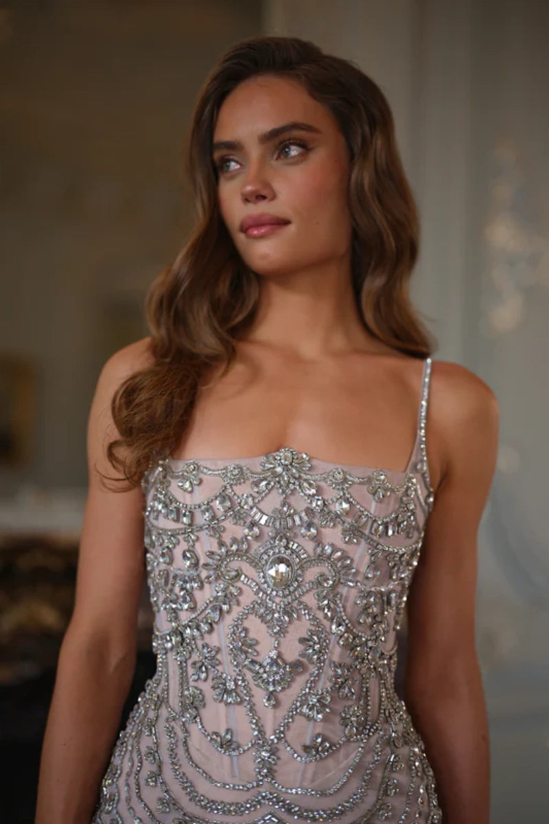 Marcella Crystal Embellished Mini Dress - Silver Blush