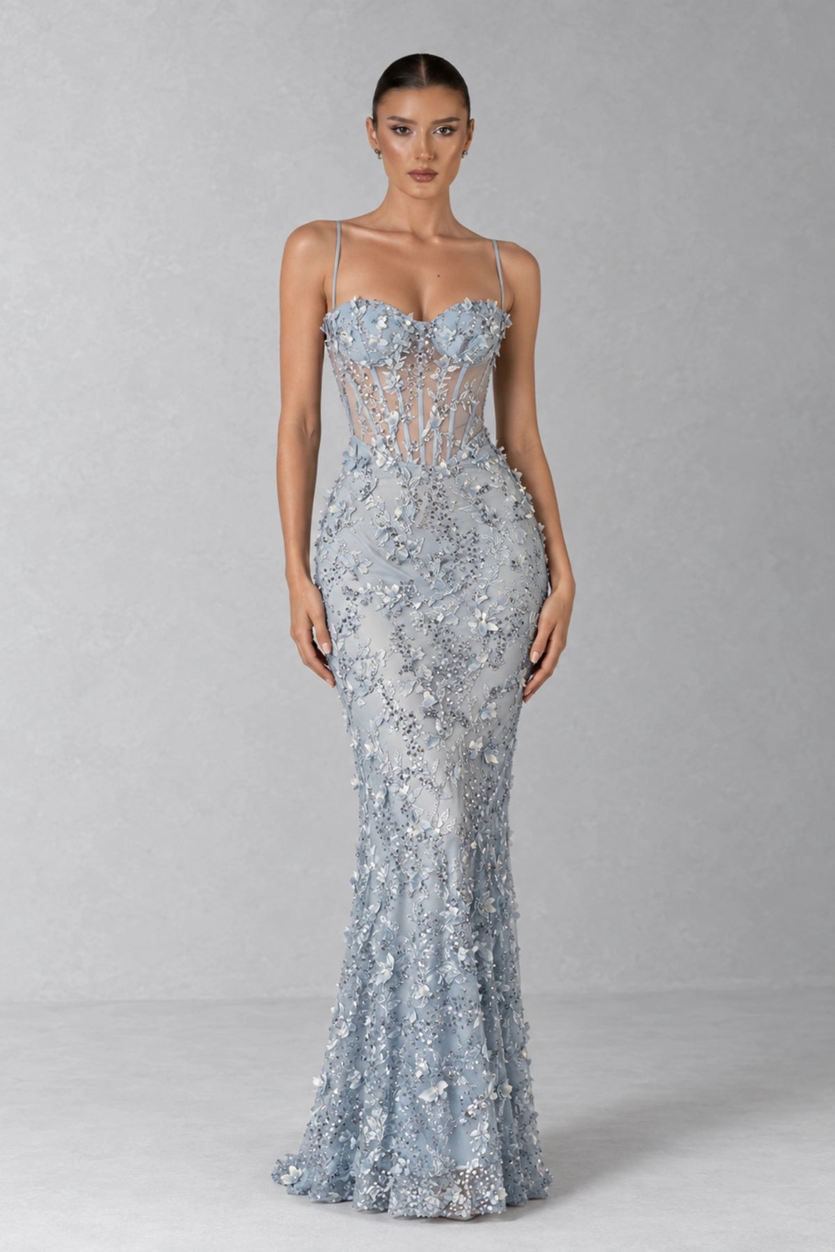Odette Crystal Floral Corset Gown — Icy Blue
