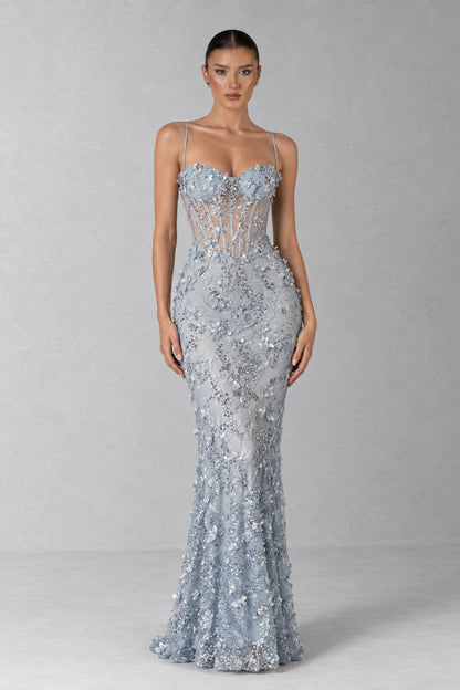 Odette Crystal Floral Corset Gown — Icy Blue