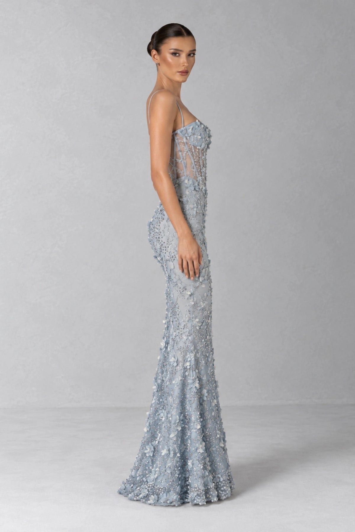 Odette Crystal Floral Corset Gown — Icy Blue