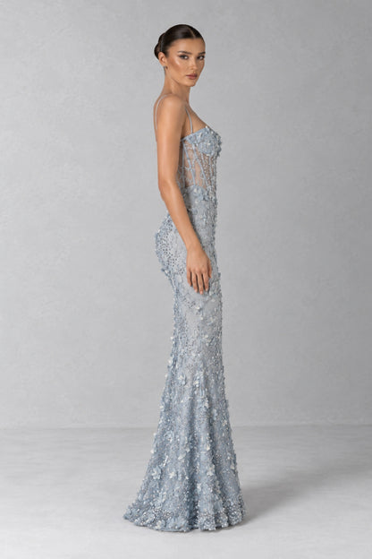 Odette Crystal Floral Corset Gown — Icy Blue