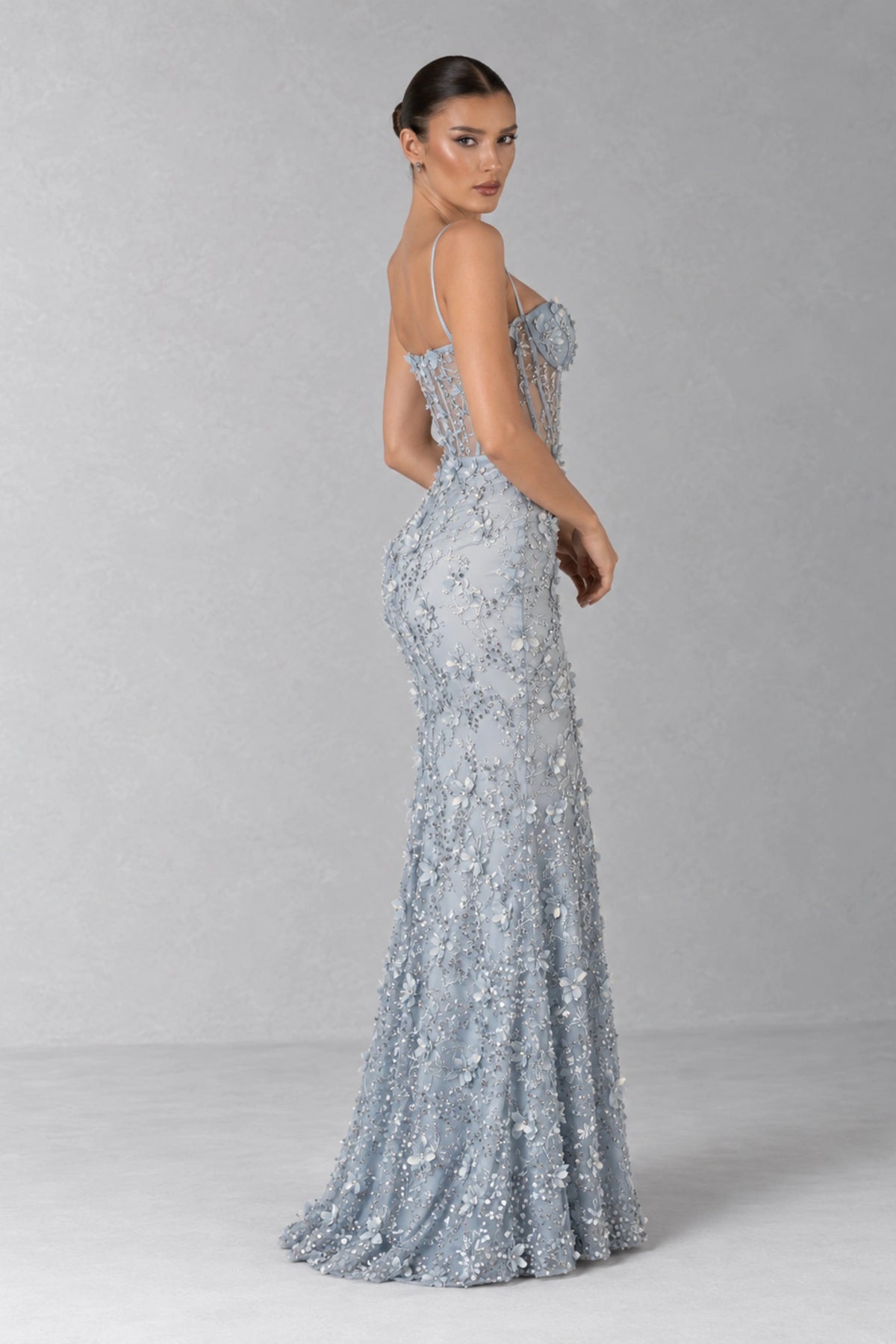 Odette Crystal Floral Corset Gown — Icy Blue