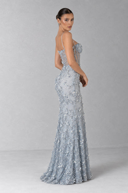 Odette Crystal Floral Corset Gown — Icy Blue