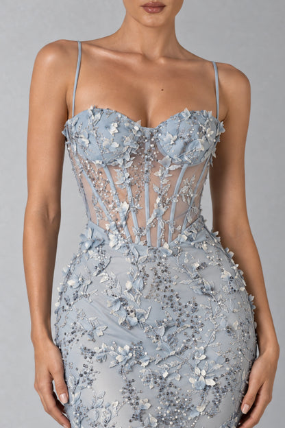 Odette Crystal Floral Corset Gown — Icy Blue