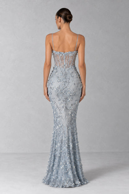 Odette Crystal Floral Corset Gown — Icy Blue