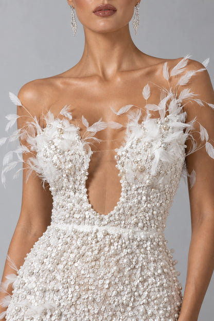 Aurelia Pearl Bloom Plunging Gown — Ivory White
