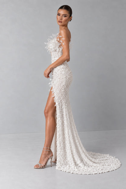 Aurelia Pearl Bloom Plunging Gown — Ivory White