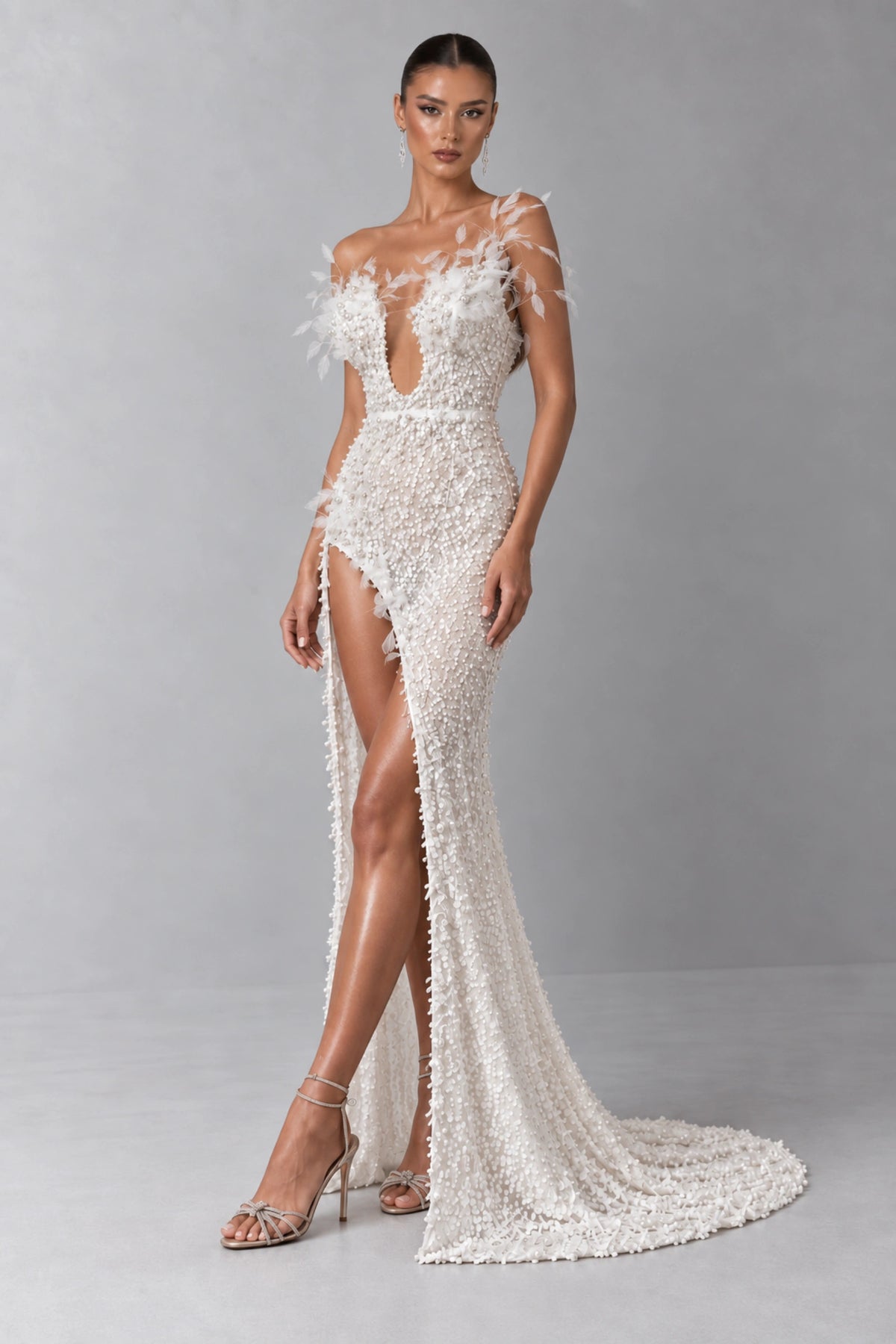 Aurelia Pearl Bloom Plunging Gown — Ivory White