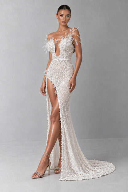 Aurelia Pearl Bloom Plunging Gown — Ivory White