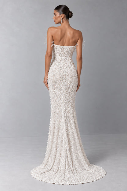 Aurelia Pearl Bloom Plunging Gown — Ivory White