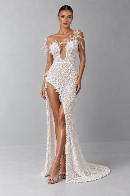 Aurelia Pearl Bloom Plunging Gown — Ivory White