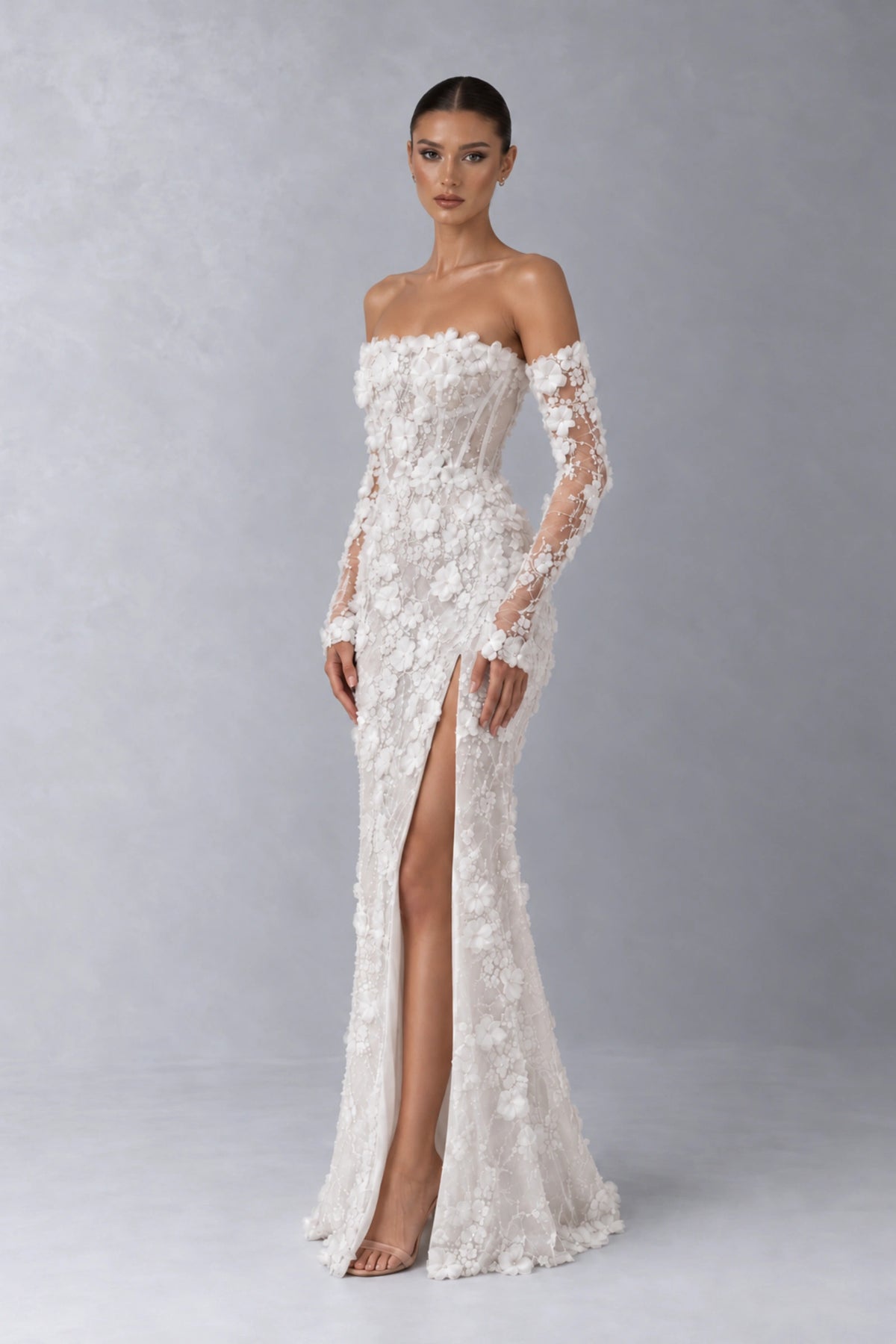 Élise Floral Appliqué Corset Gown — Pearl White