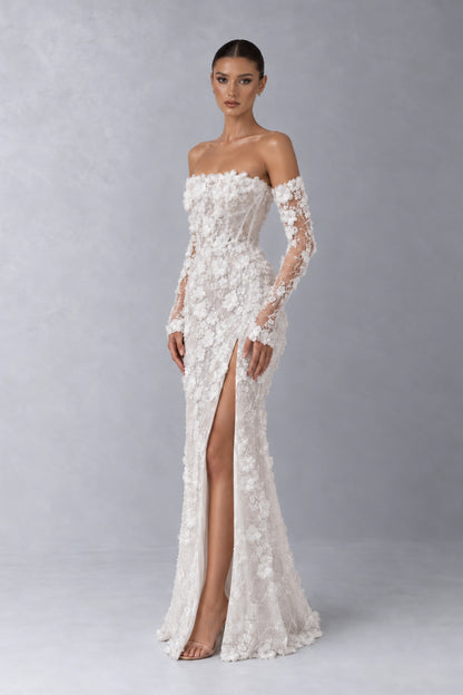 Élise Floral Appliqué Corset Gown — Pearl White