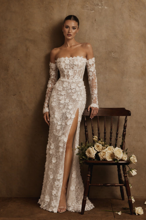 Élise Floral Appliqué Corset Gown — Pearl White