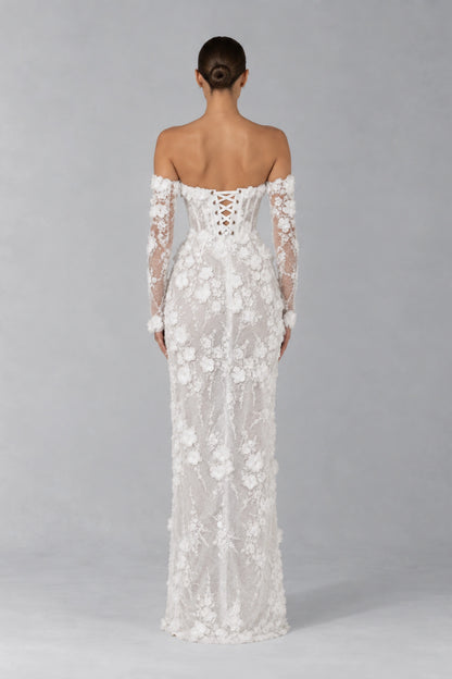 Élise Floral Appliqué Corset Gown — Pearl White