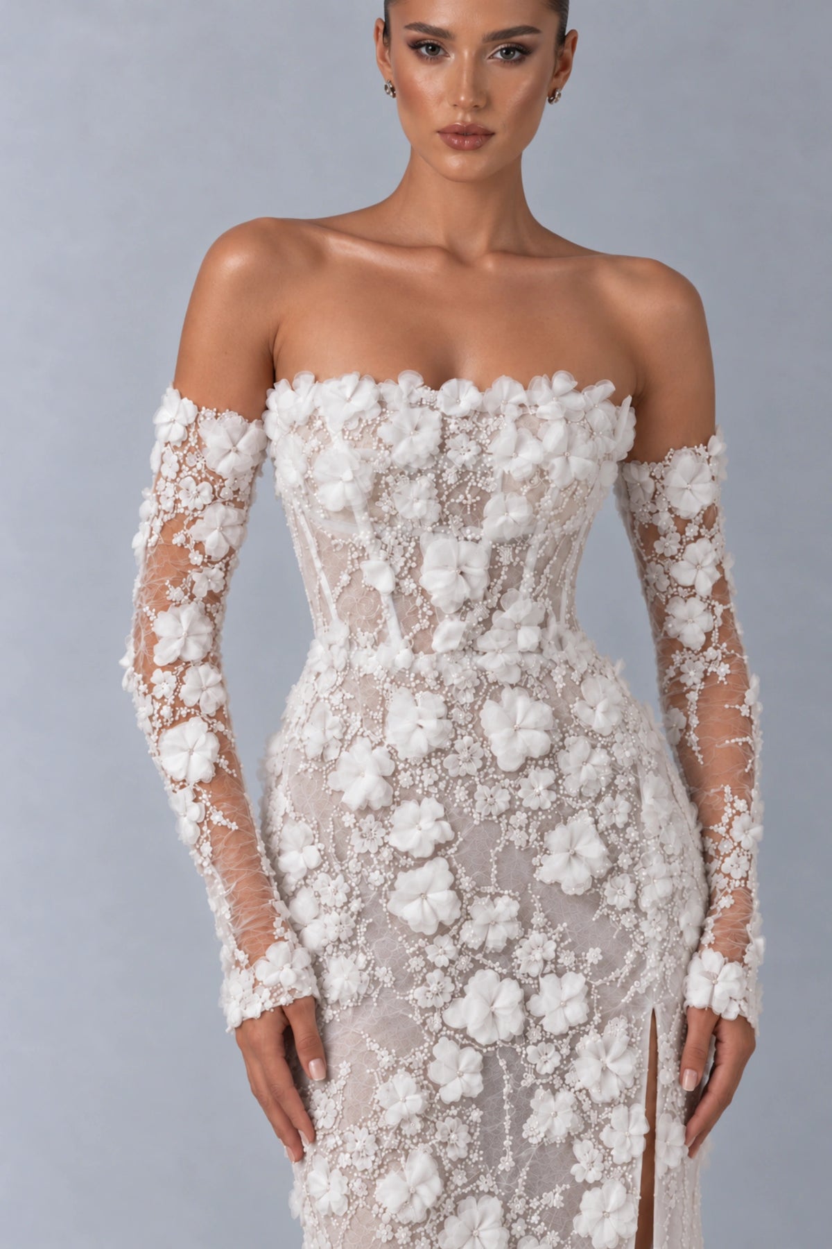 Élise Floral Appliqué Corset Gown — Pearl White