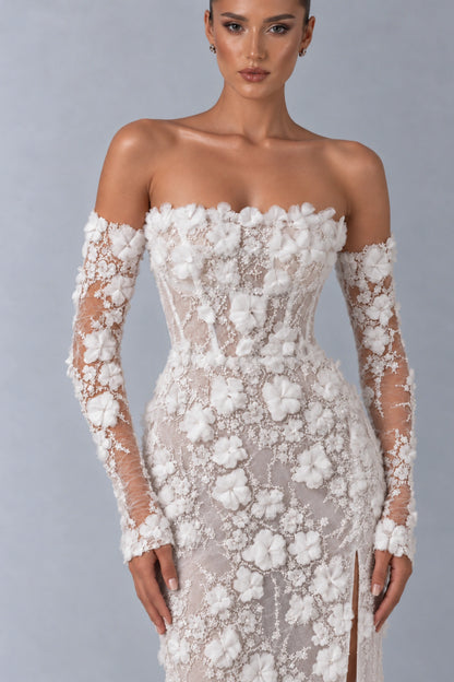 Élise Floral Appliqué Corset Gown — Pearl White