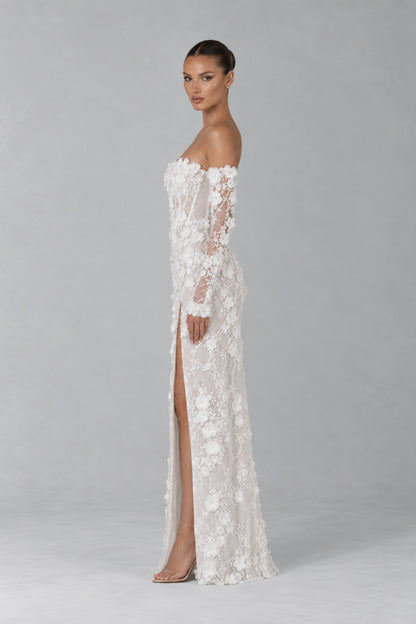 Élise Floral Appliqué Corset Gown — Pearl White