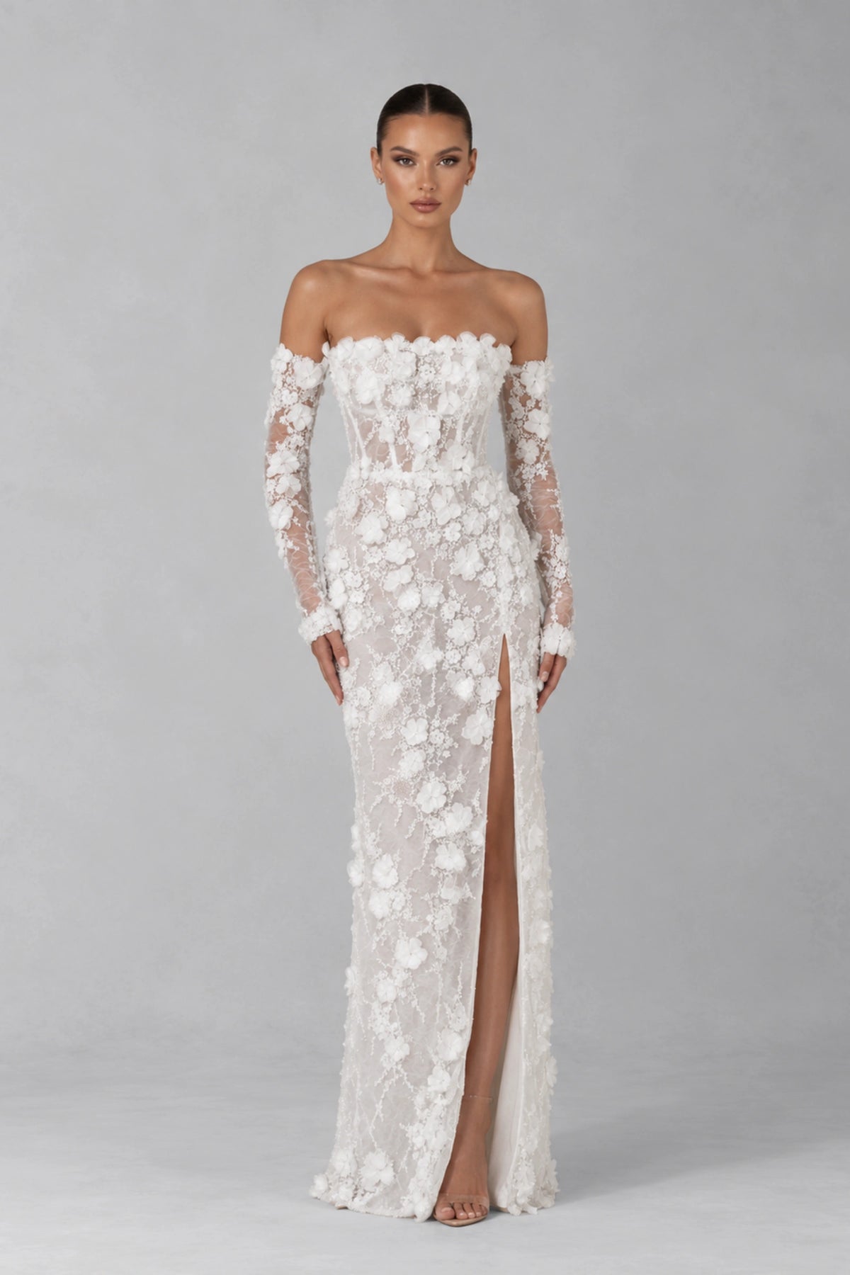 Élise Floral Appliqué Corset Gown — Pearl White