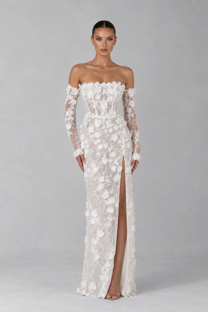 Élise Floral Appliqué Corset Gown — Pearl White