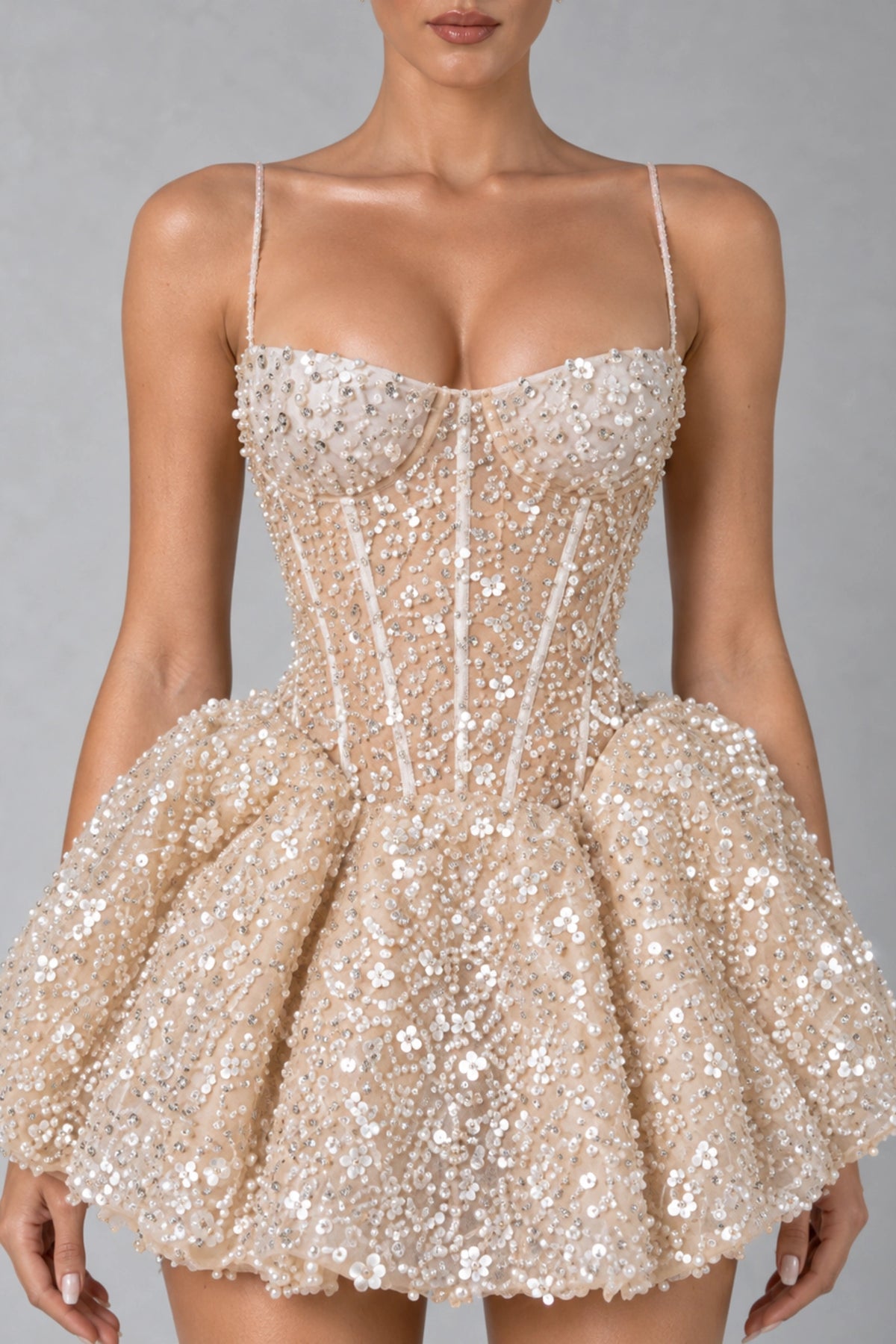 Élodie Pearl Bloom Corset Mini Dress — Champagne Nude