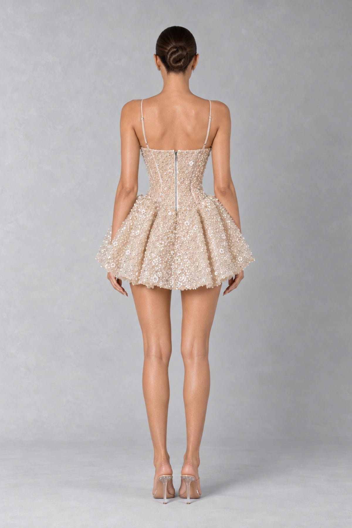 Élodie Pearl Bloom Corset Mini Dress — Champagne Nude