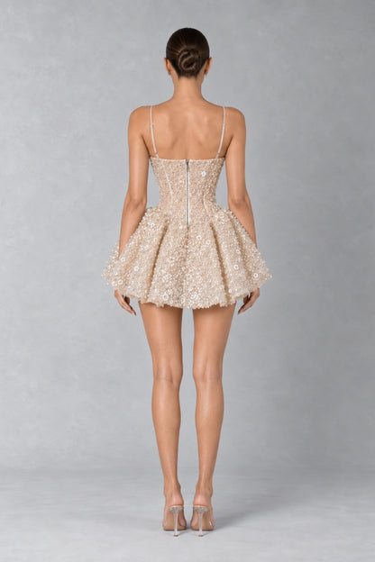 Élodie Pearl Bloom Corset Mini Dress — Champagne Nude