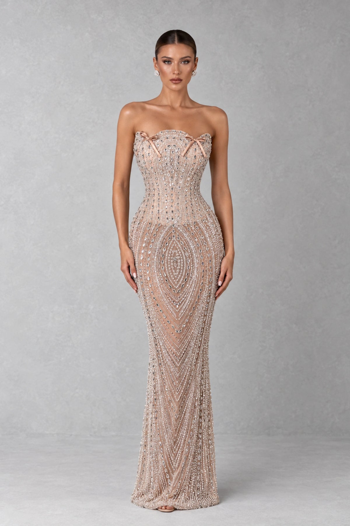 Aveline Crystal Bow Beaded Gown — Champagne Nude