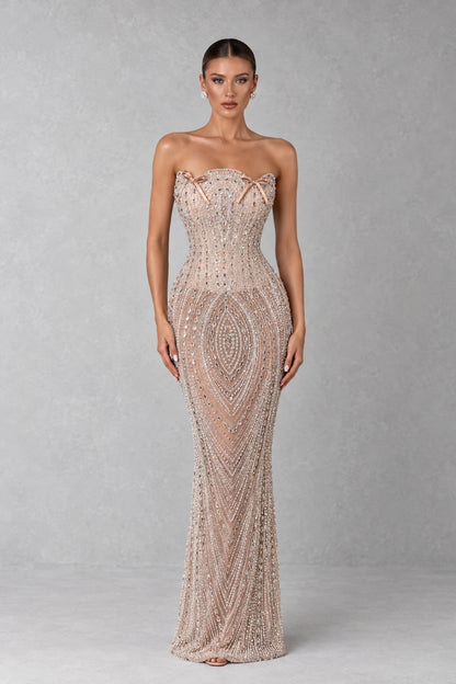 Aveline Crystal Bow Beaded Gown — Champagne Nude