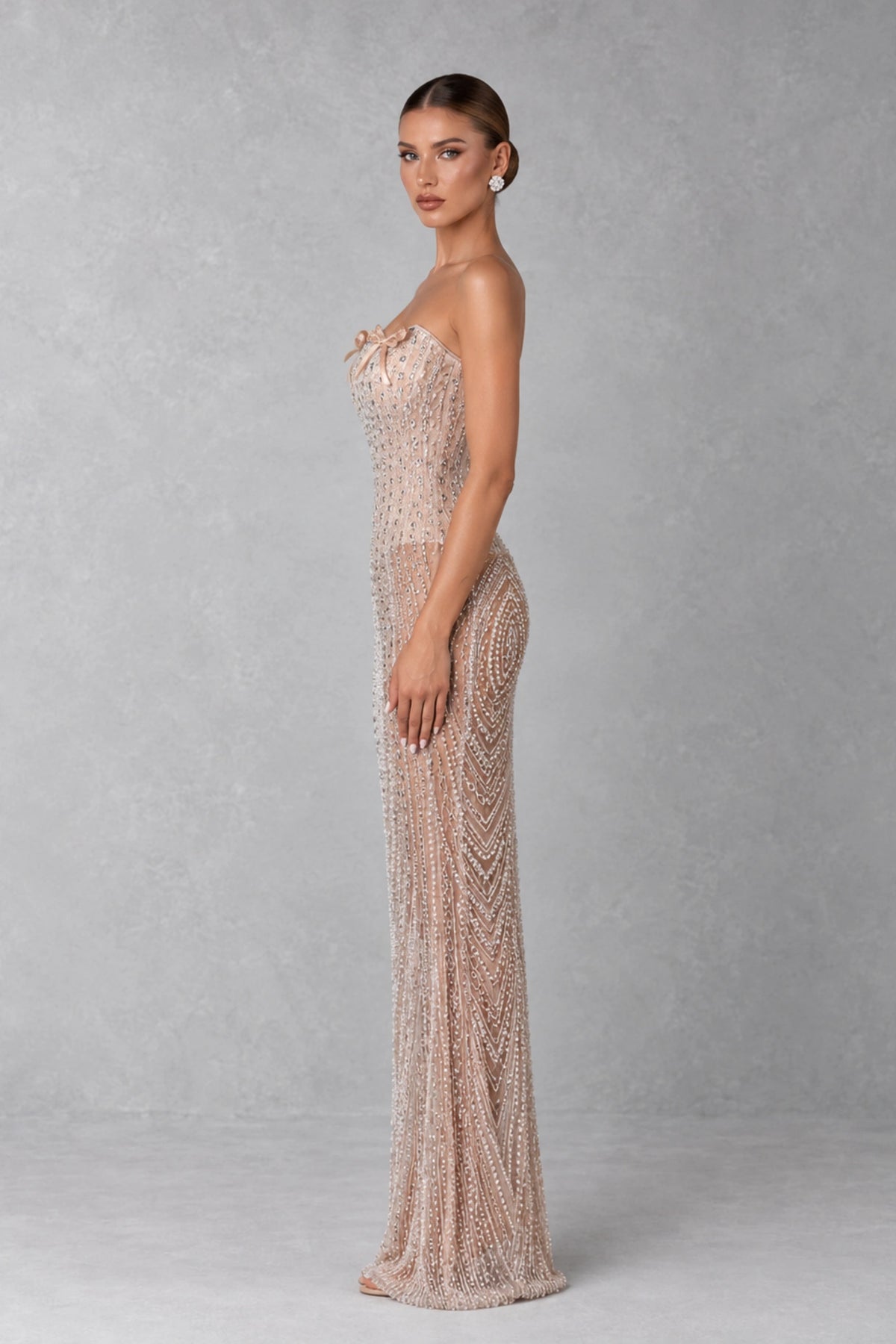 Aveline Crystal Bow Beaded Gown — Champagne Nude