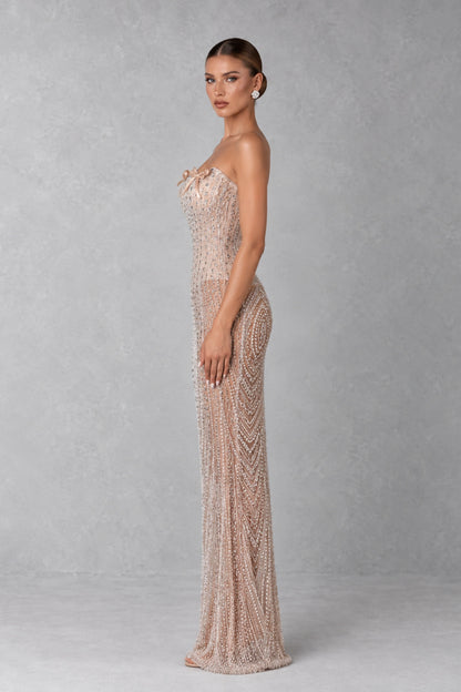 Aveline Crystal Bow Beaded Gown — Champagne Nude