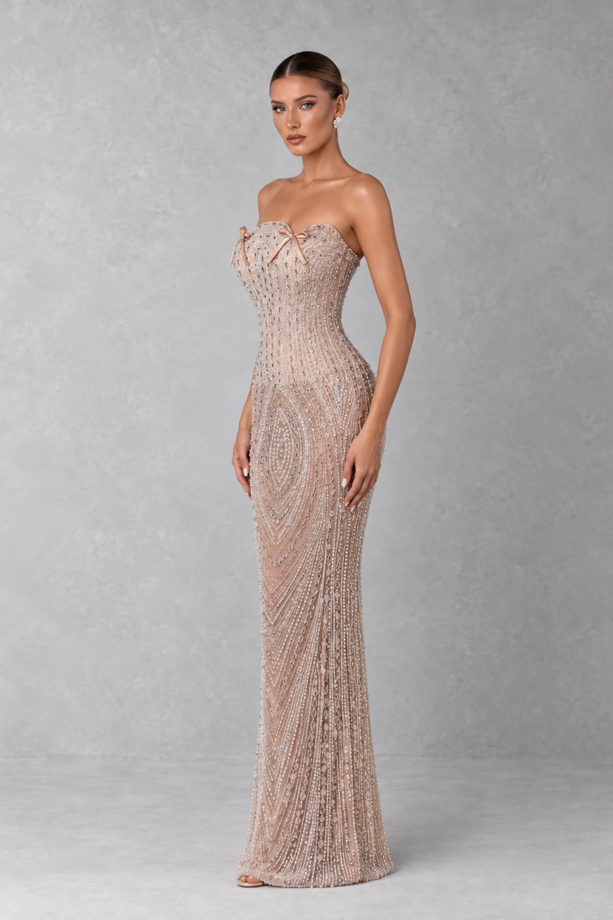 Aveline Crystal Bow Beaded Gown — Champagne Nude