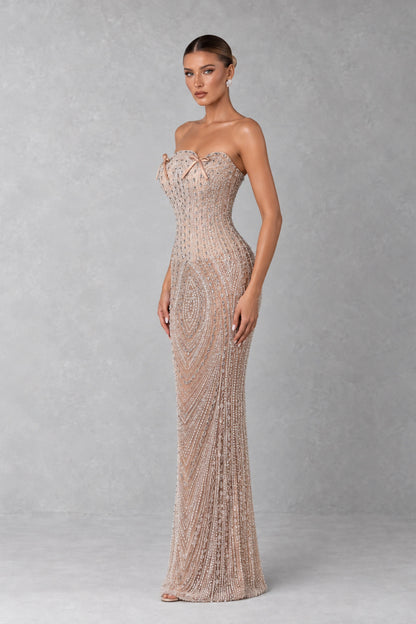 Aveline Crystal Bow Beaded Gown — Champagne Nude