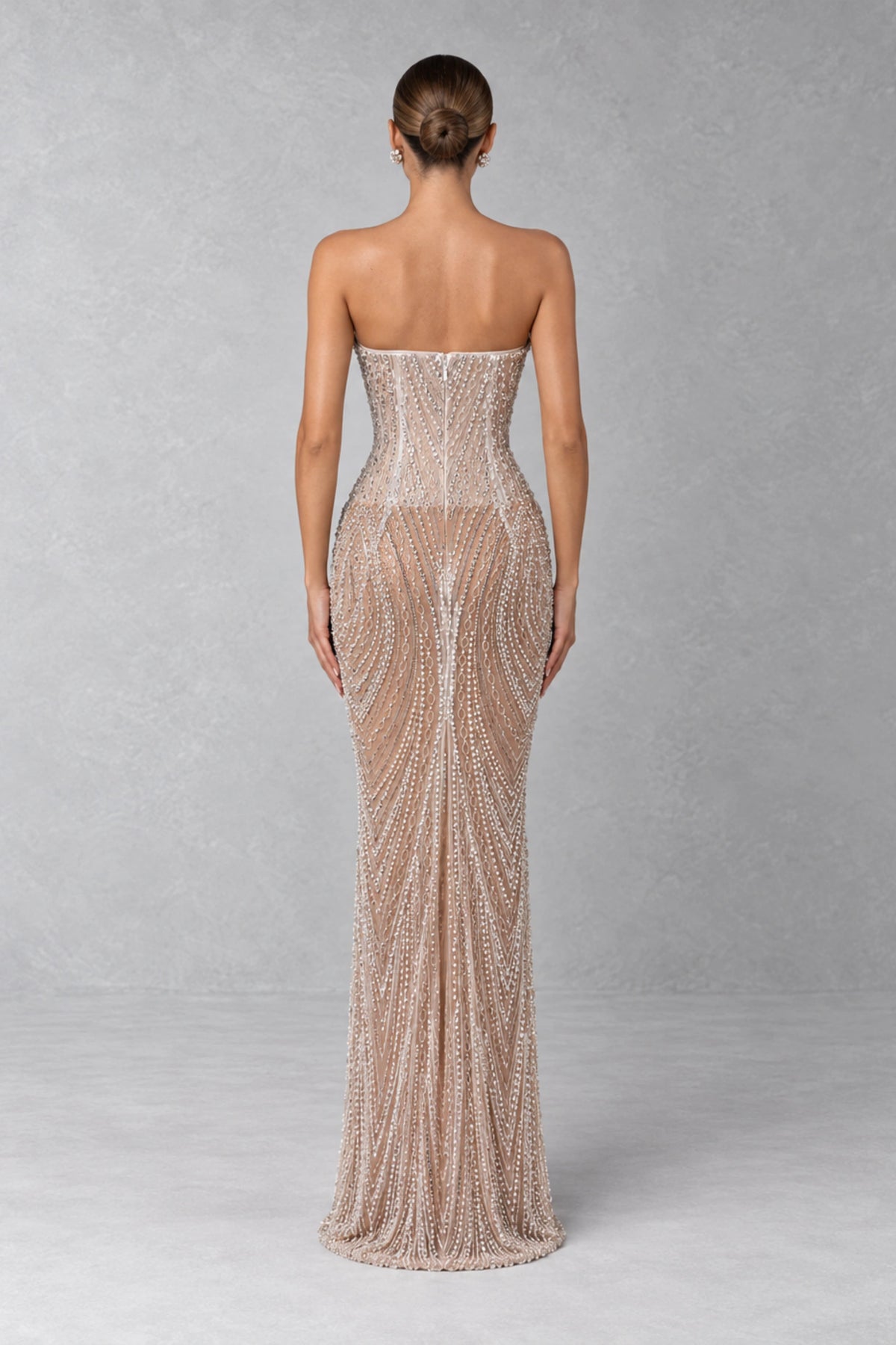 Aveline Crystal Bow Beaded Gown — Champagne Nude