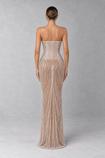 Aveline Crystal Bow Beaded Gown — Champagne Nude
