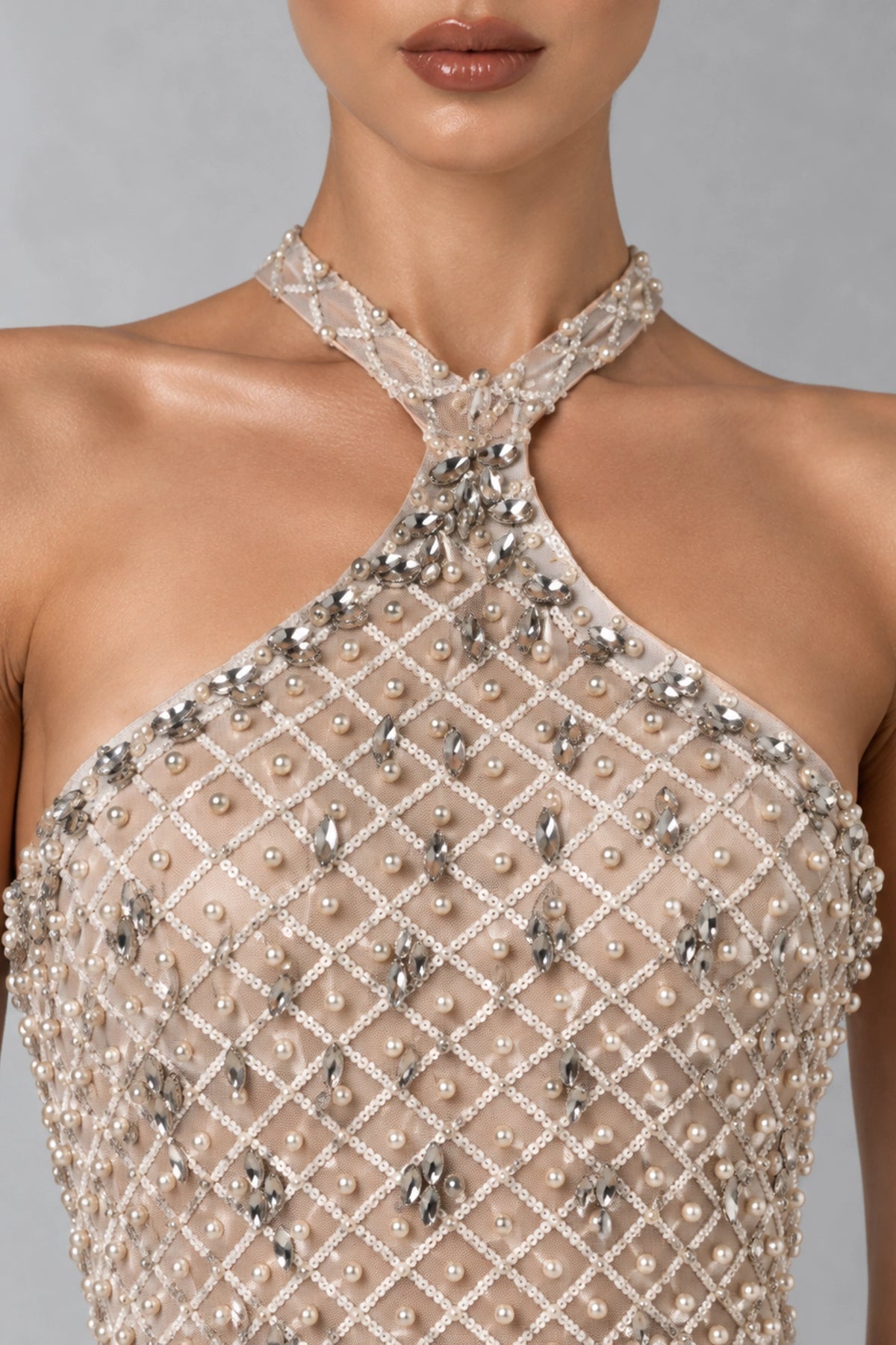 Estelle Crystal Pearl Halter Gown — Champagne Nude