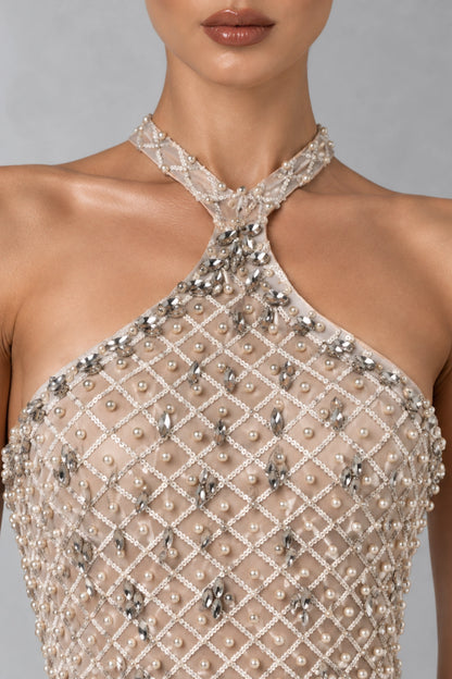 Estelle Crystal Pearl Halter Gown — Champagne Nude