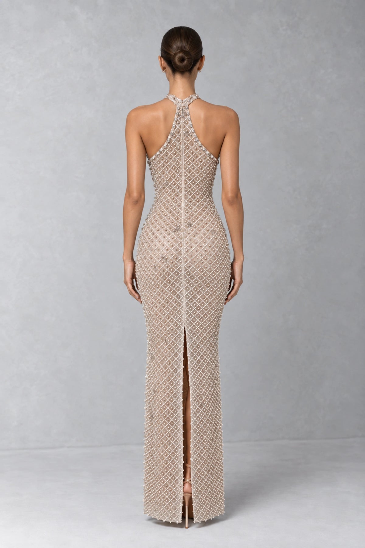 Estelle Crystal Pearl Halter Gown — Champagne Nude