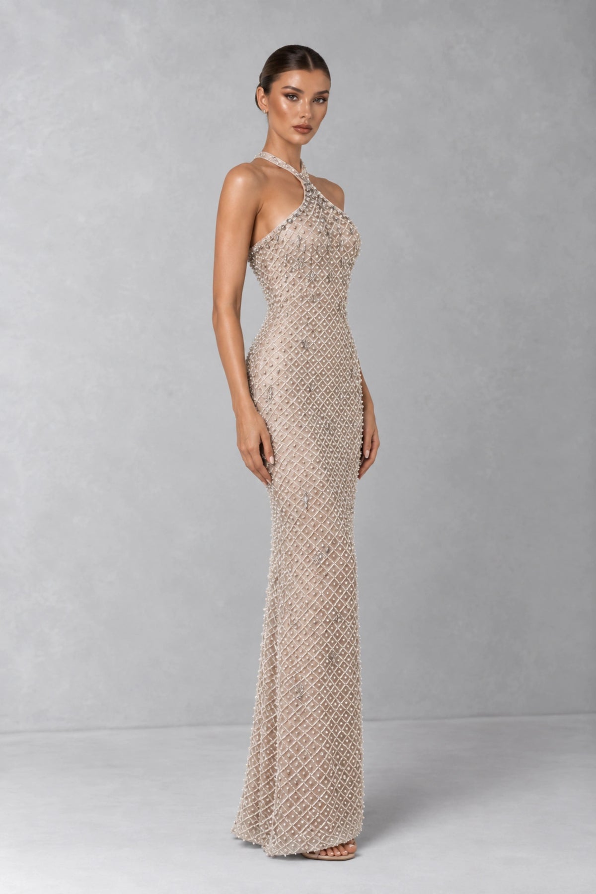 Estelle Crystal Pearl Halter Gown — Champagne Nude