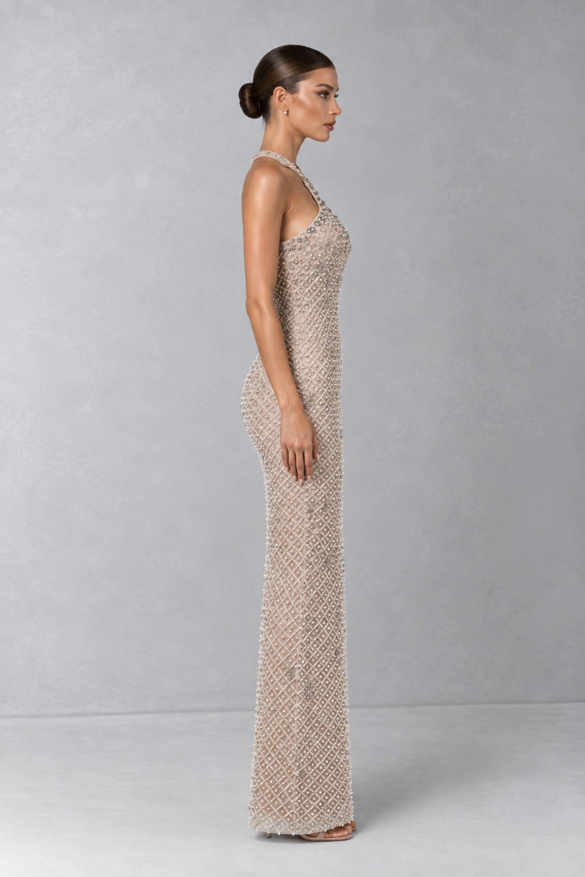 Estelle Crystal Pearl Halter Gown — Champagne Nude