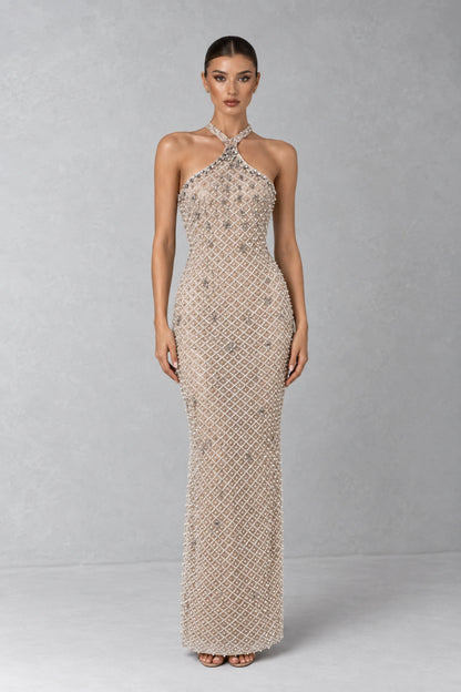 Estelle Crystal Pearl Halter Gown — Champagne Nude
