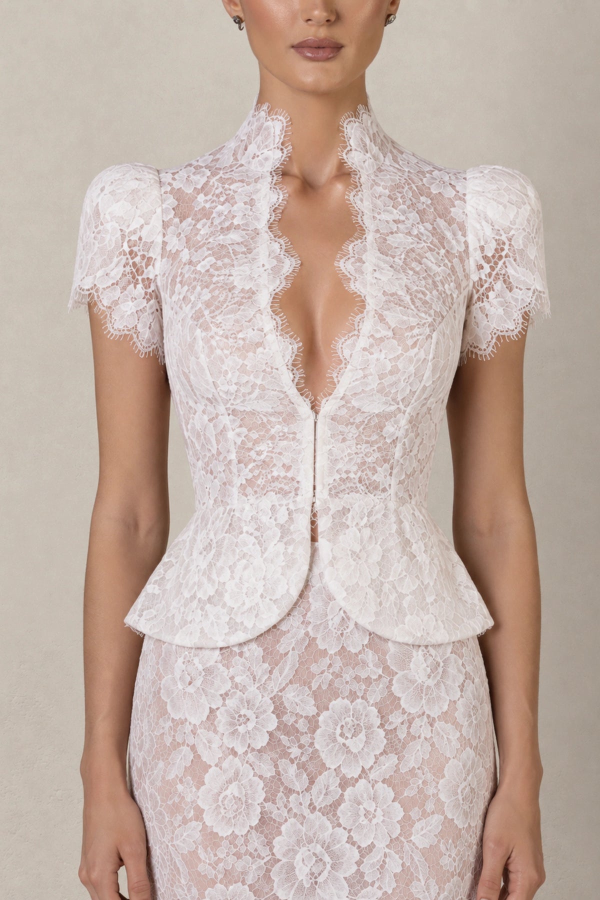 Isabelle Floral Lace Peplum Gown — Pearl White