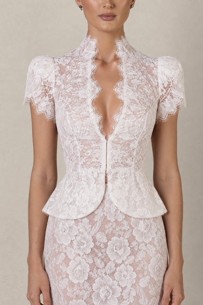 Isabelle Floral Lace Peplum Gown — Pearl White