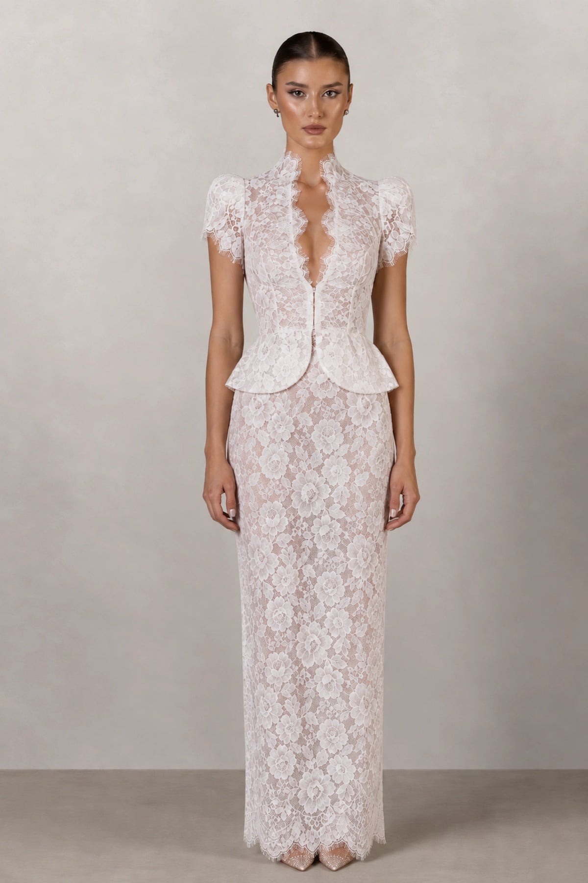 Isabelle Floral Lace Peplum Gown — Pearl White