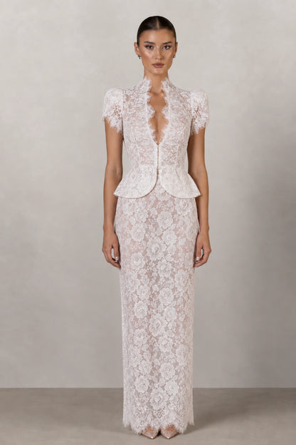 Isabelle Floral Lace Peplum Gown — Pearl White