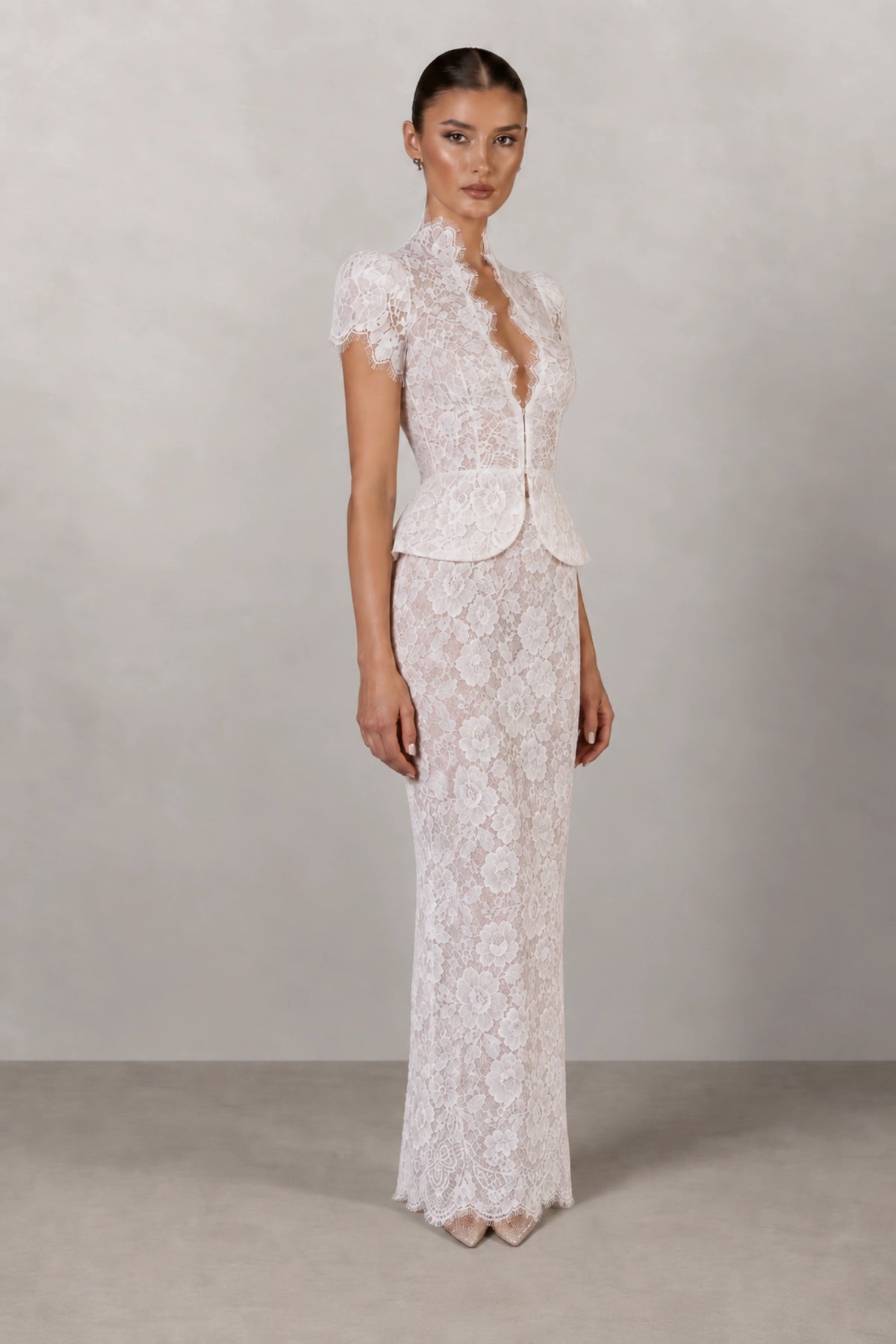 Isabelle Floral Lace Peplum Gown — Pearl White