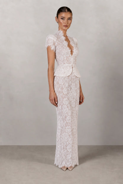 Isabelle Floral Lace Peplum Gown — Pearl White